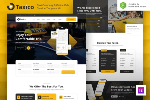 Taxico taxi company and cab service Elementor template kit preview