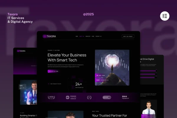 Taxora dark IT services digital agency Elementor kit preview