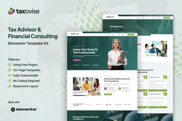 Taxovise Elementor template kit preview for tax advisor and financial consulting websites