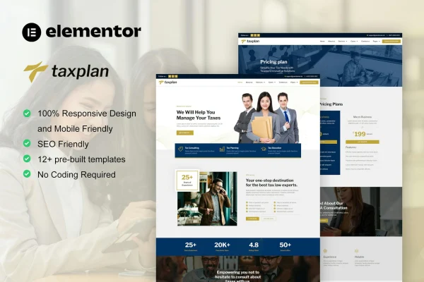 TaxPlan Elementor template kit preview for tax advisor and financial consulting websites