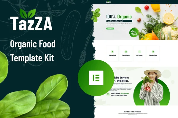 TazZA organic food Elementor template kit preview with homepage layouts