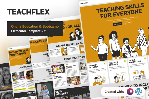 Teachflex Elementor template kit cover showing online education and bootcamp page designs