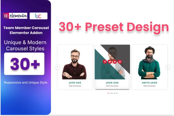 Team Member Carousel plugin banner showing team profile slides for Elementor