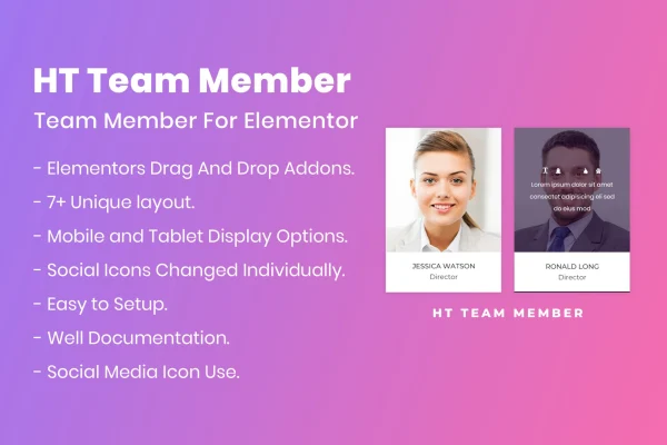 HT Team Member For Elementor plugin banner showing team member profile cards