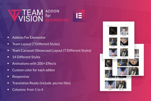 Team Vision for Elementor plugin banner showing team member layouts