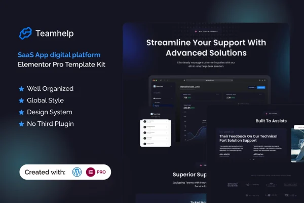 Teamhelp help desk SaaS Elementor Pro template kit preview