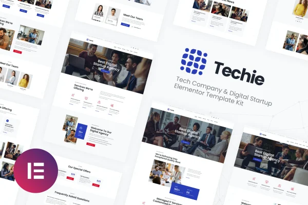 Techie Elementor template kit cover showing tech company and startup page layouts