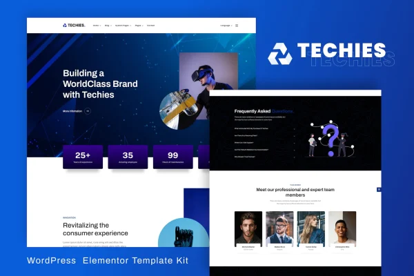 Techies Elementor template kit preview showing technology website page layouts