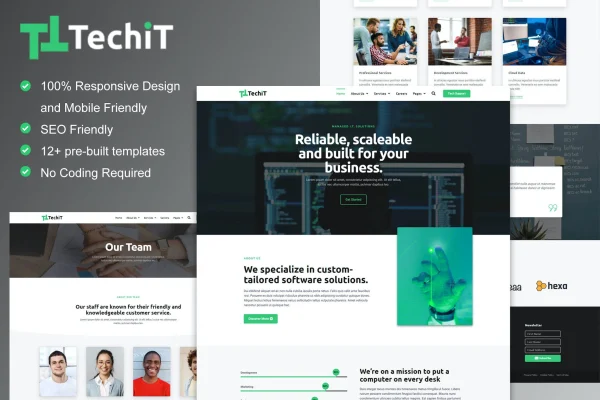 TechIT tech company Elementor template kit preview showing website page layouts