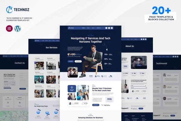 Technoz Elementor template kit preview for tech company and IT services websites