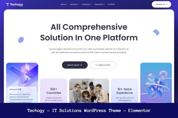 Techogy IT solutions WordPress theme preview with tech company homepage layout
