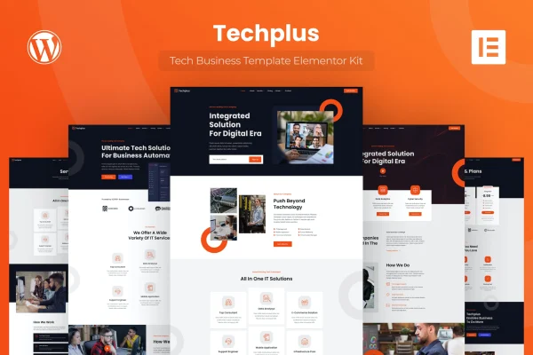 Techplus tech business Elementor template kit cover showing website page layouts
