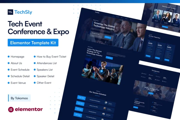 TechSly tech event conference and expo Elementor template kit cover image