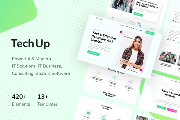 TechUp Elementor template kit cover showing IT solutions website page layouts