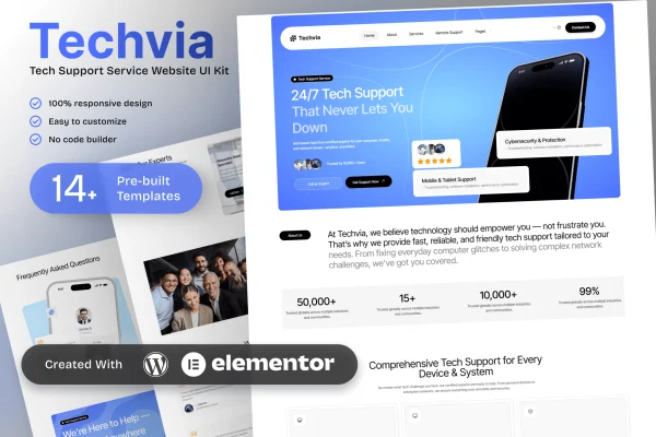 Techvia tech support service Elementor template kit cover image