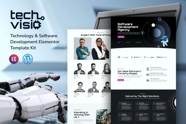 Techvisio Elementor Pro template kit preview for technology and software development websites