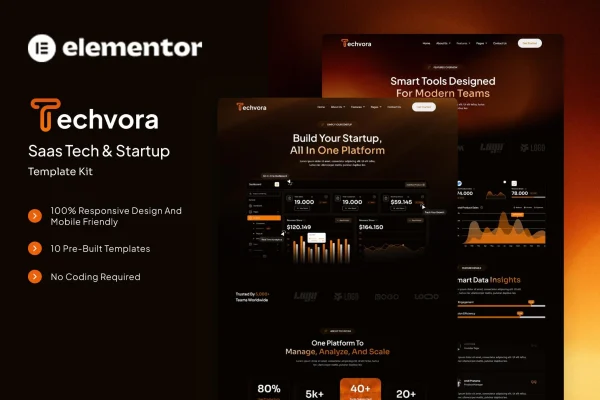 Techvora SaaS tech and startup Elementor template kit preview