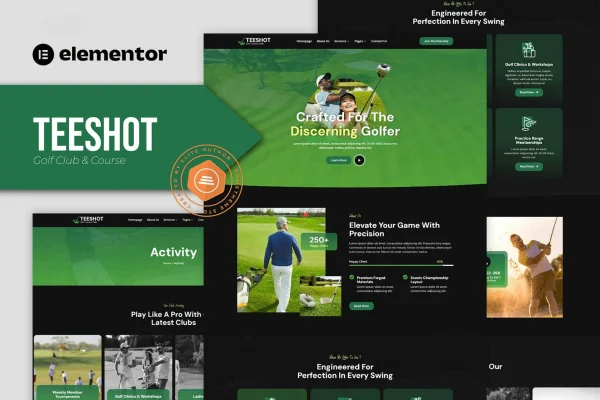 Teeshot golf club and course Elementor template kit preview