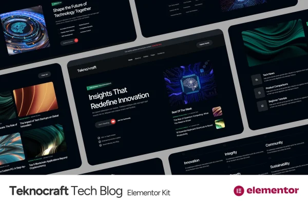Teknocraft dark theme technology blog Elementor template kit preview