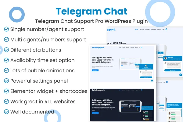 Telegram Chat Pro plugin banner with a Telegram chat widget