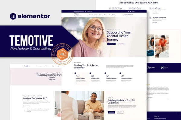 Temotive psychology and counseling Elementor template kit page previews