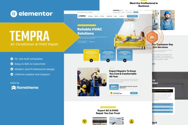 Tempra HVAC and air conditioner repair Elementor template kit preview