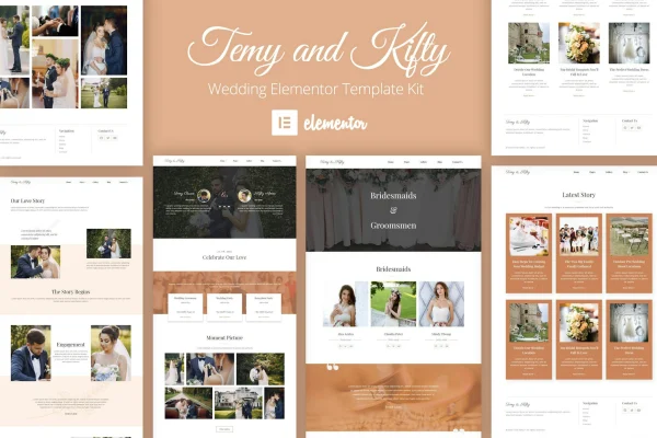 Temy and Kifty Wedding Template Kit preview with warm brown wedding website pages