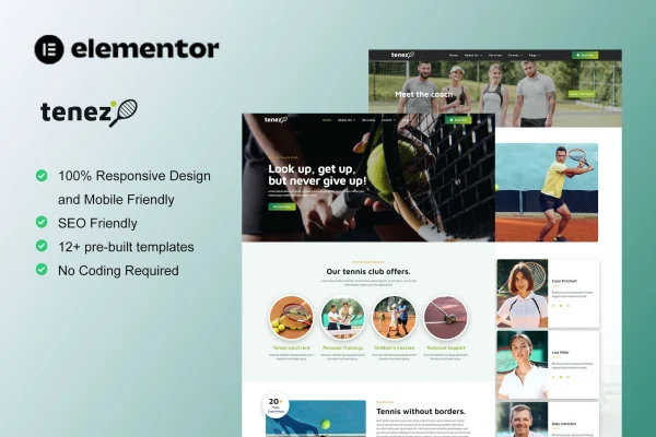 Tenez tennis school and club Elementor template kit preview