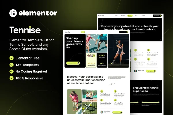 Tennise tennis school and sports club Elementor template kit preview