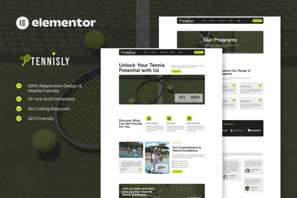 Tennisly tennis school and sports club Elementor template kit preview