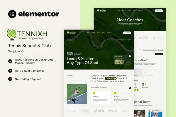Tennixh tennis school and club Elementor template kit preview