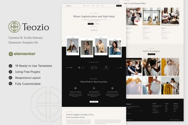 Teozio garment and textile industry Elementor template kit preview