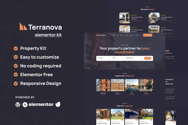 Terranova real estate Elementor template kit cover with property website page layouts