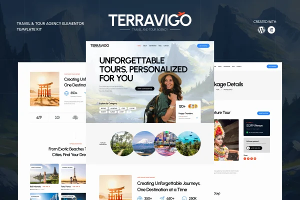 TerraviGo travel and tour agency Elementor template kit preview