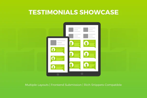 Testimonials Showcase plugin banner with testimonial grid and slider examples