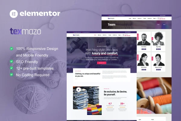 Texmazo textile and garment Elementor template kit preview