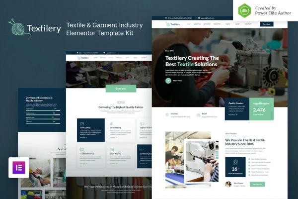 Textilery Elementor template kit preview for a textile and garment business website