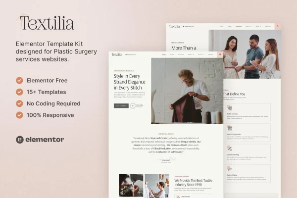 Textilia Elementor template kit preview for a textile and garment industry website