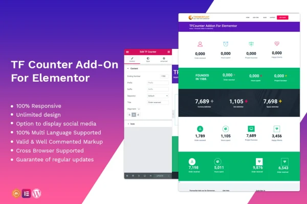 Tf Counter Widgets Addon For Elementor plugin banner with sample number counters