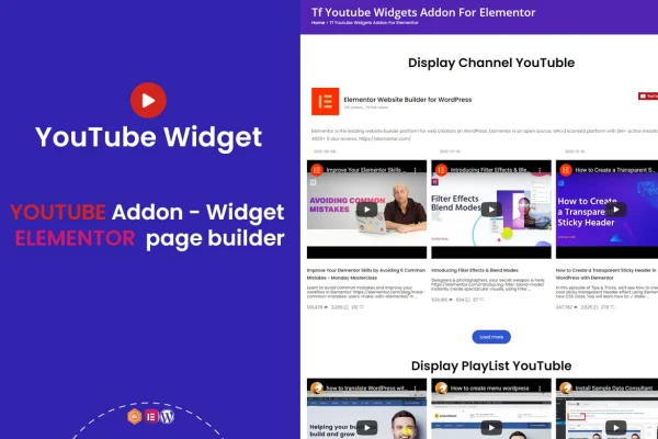 Tf Youtube Widgets Addon For Elementor plugin banner showing a YouTube video gallery