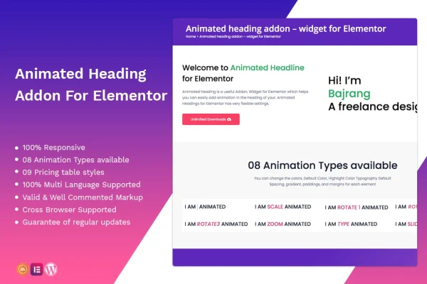 TFAnimated Headline Addon For Elementor plugin banner showing animated heading text