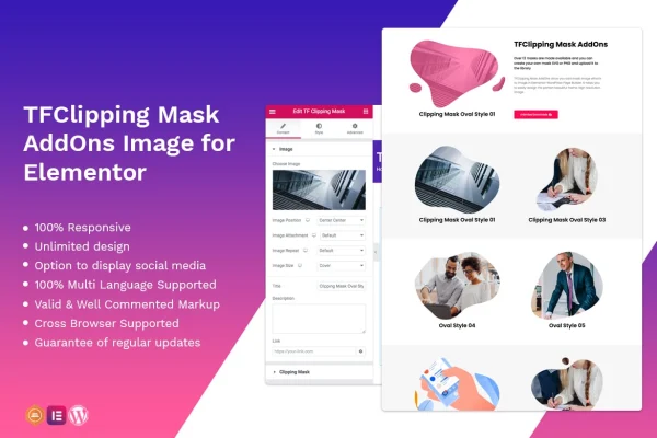 TFClipping Mask Addon For Elementor plugin banner with images clipped into shapes