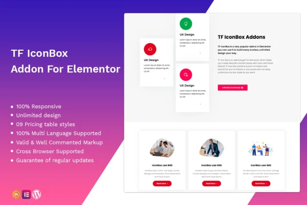 TFIcon Box Addon For Elementor plugin banner showing icon box layouts