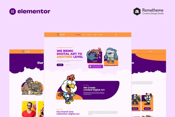 Tflat NFT Portfolio Elementor Pro template kit cover showing NFT artwork portfolio pages