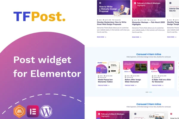 TFPosts Addon For Elementor plugin banner with post grid, list and carousel layouts