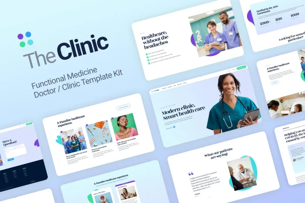 The Clinic health and medical Elementor template kit preview showing clinic website pages