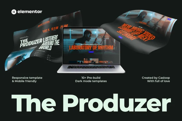 The Produzer music and band Elementor template kit cover with dark mode page layouts