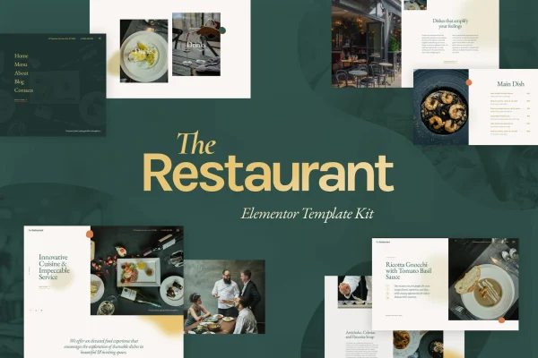 The Restaurant Elementor template kit cover showing restaurant website page designs
