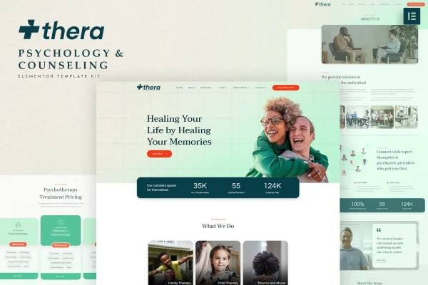 Thera psychology and counseling Elementor template kit page previews
