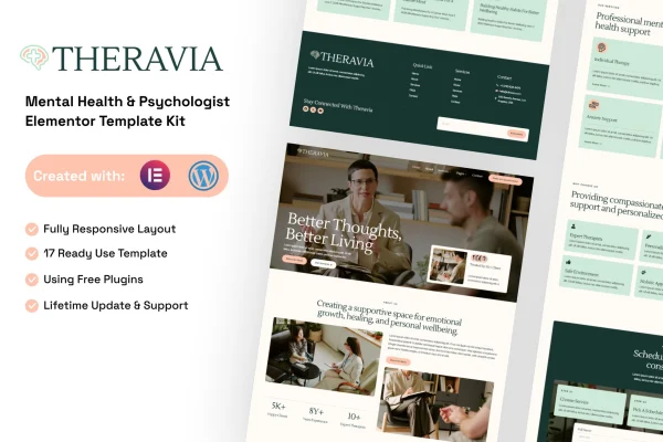 Theravia mental health and psychologist Elementor template kit preview